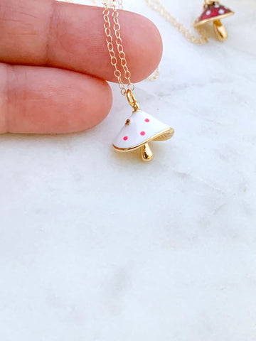 Pink Polka Dot Magic Mushroom 14k Gold Filled Charm Necklace