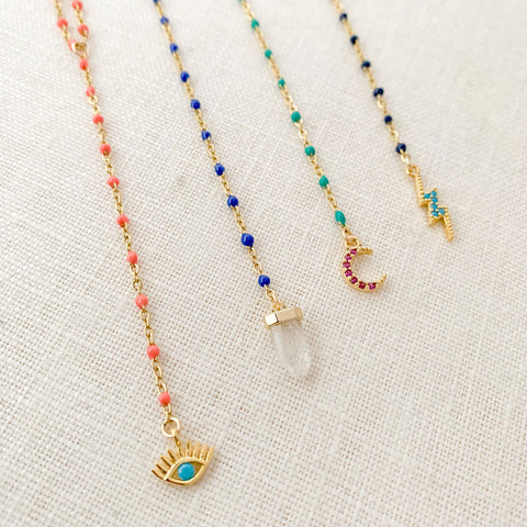 Quaintrelle Coral Evil Eye Drop Charm Necklace